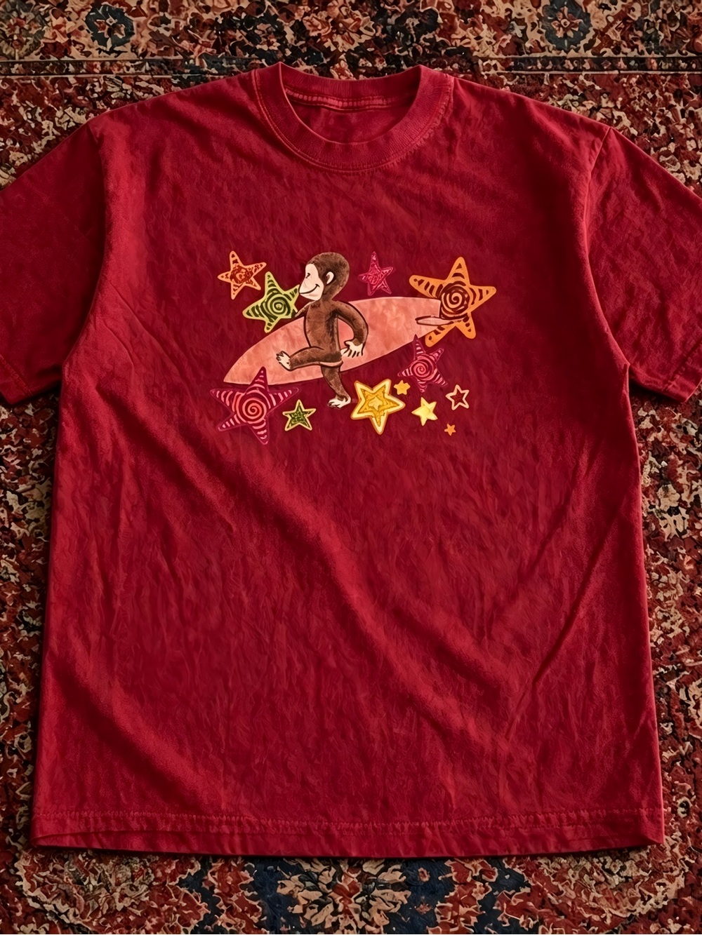 Vintage Curious George Surfing Stars Burgundy Graphic Womens Mens T-shirt Unisex